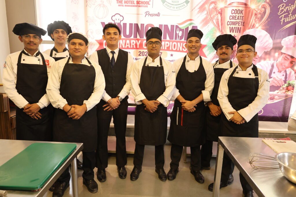 Hotel management students at The Hotel School practising hospitality skills near Gurgaon
